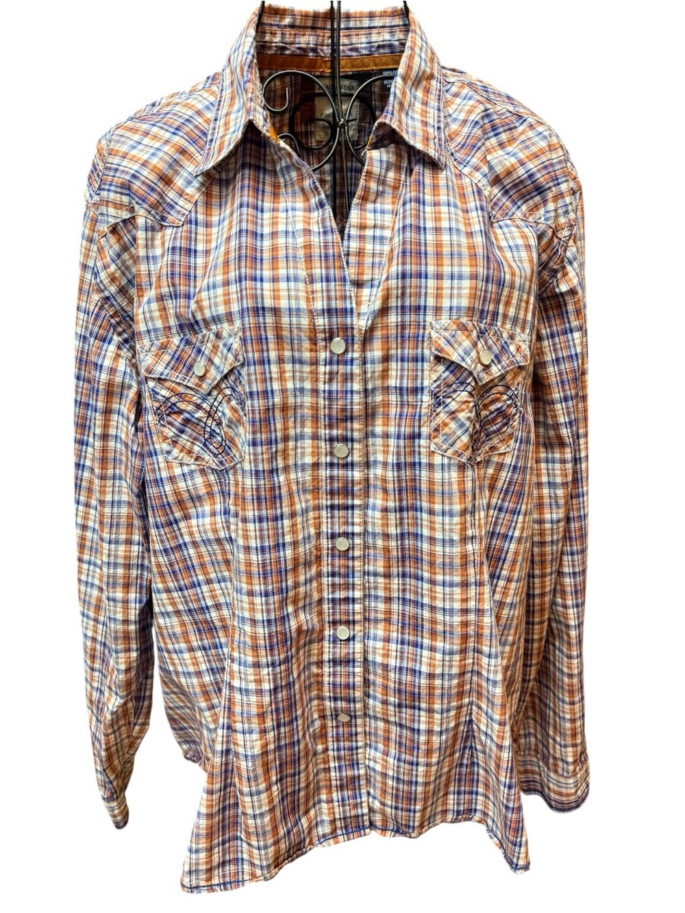 Panhandle Rough Stock Cotton Embroidered Plaid Button-Up Shirt in Orange Blue